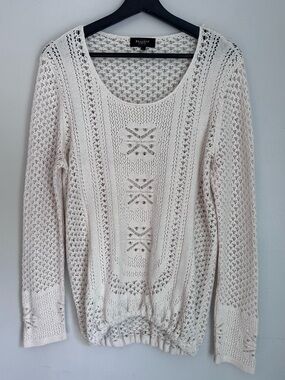 Bexley Woman Open Knit Cream Crochet Bohemian Sweater, Large